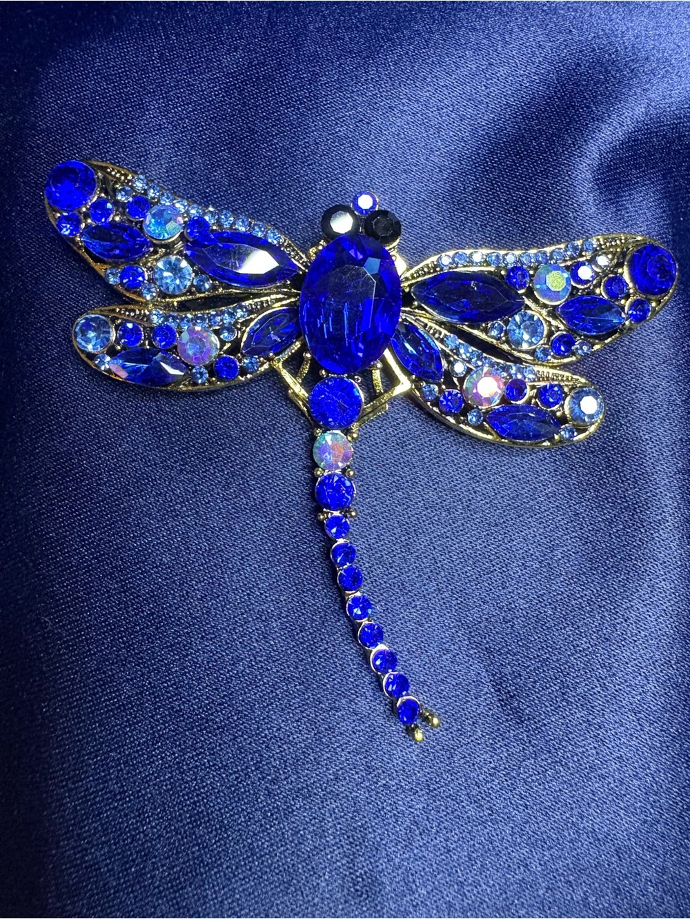 Brooch Dragon Fly Deep Royal Blue Tones Rhinestones Gold Setting Statement - Picture 2 of 8
